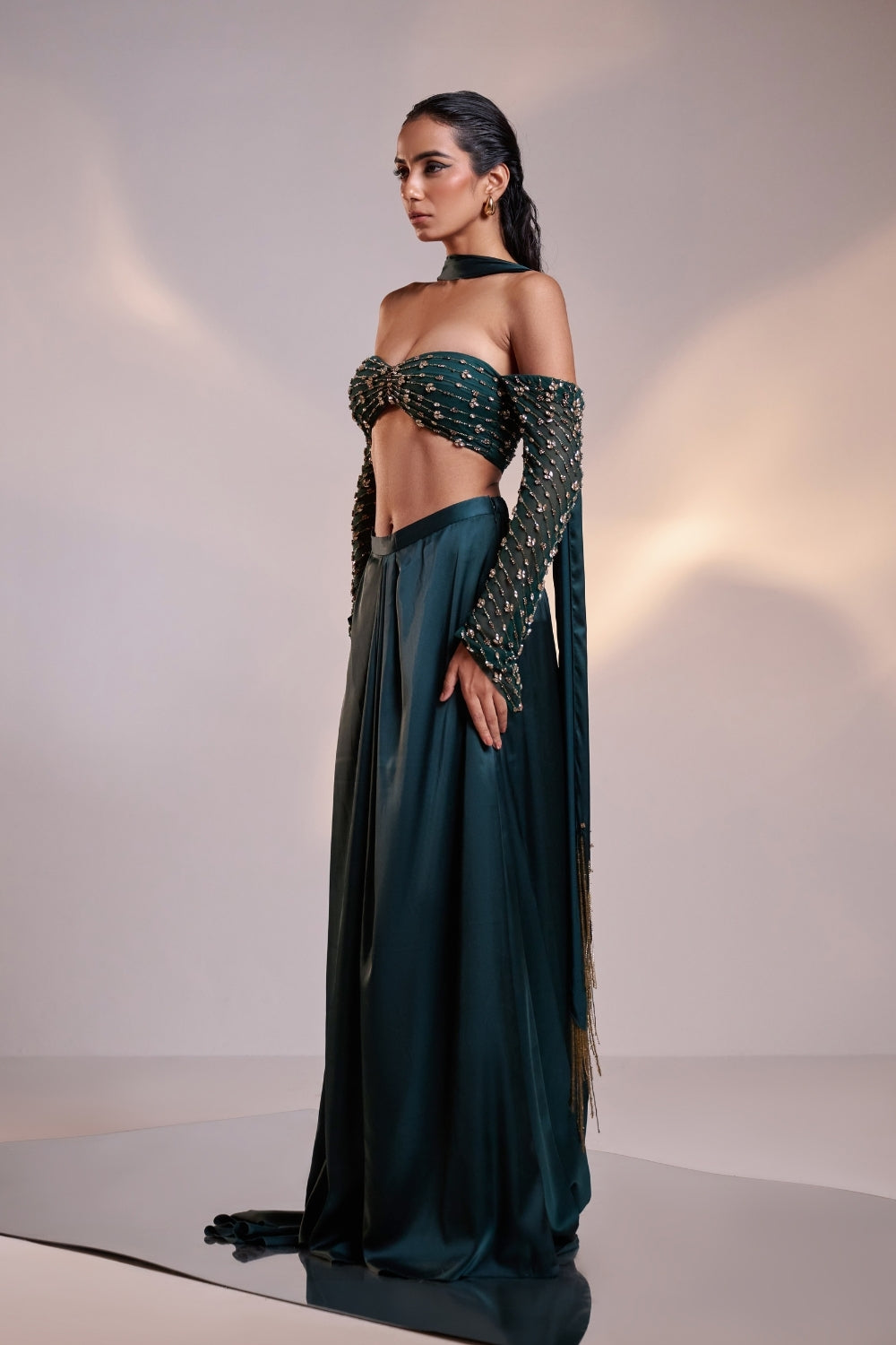 Teal Green Embellished Saree Set