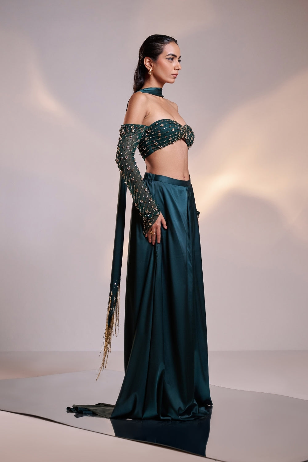 Teal Green Embellished Saree Set