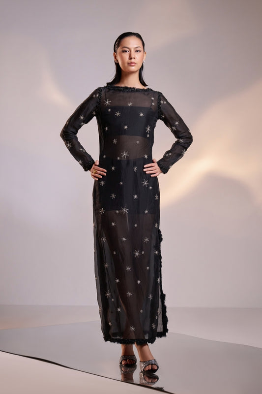 Embellished Silk Organza Sheer Black Sheath Dress with Body Suit