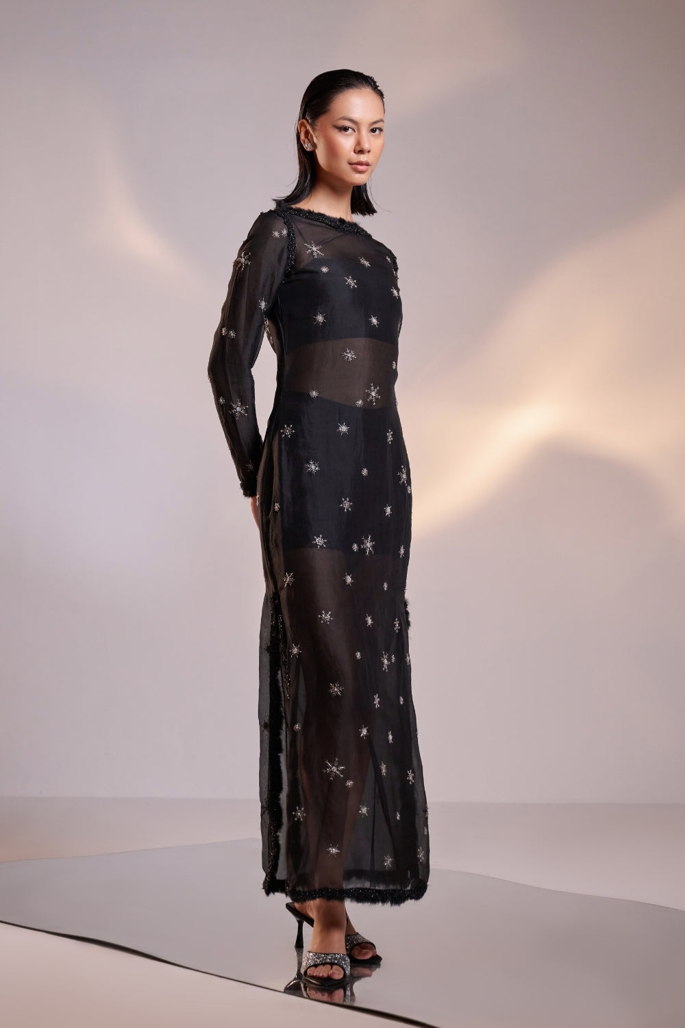 Embellished Silk Organza Sheer Black Sheath Dress with Body Suit