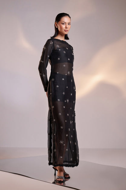 Embellished Silk Organza Sheer Black Sheath Dress with Body Suit