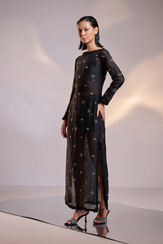 Embellished Silk Organza Sheer Black Sheath Dress with Body Suit