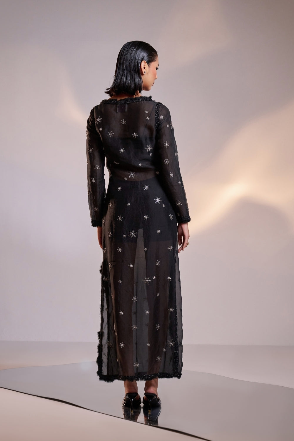 Embellished Silk Organza Sheer Black Sheath Dress with Body Suit