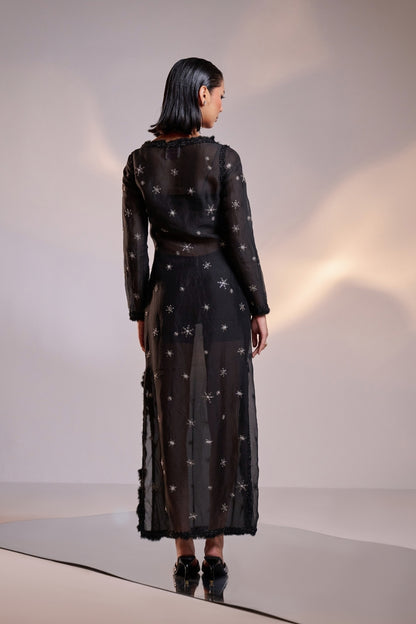 Embellished Silk Organza Sheer Black Sheath Dress with Body Suit