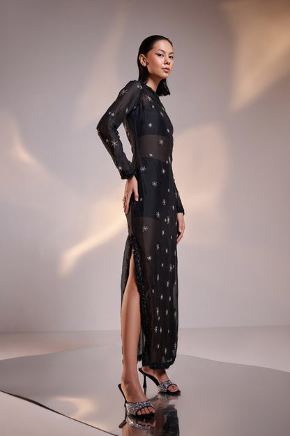 Embellished Silk Organza Sheer Black Sheath Dress with Body Suit