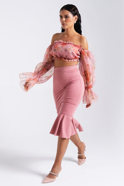 Pink Blush Organza Off-Shoulder Flounce Set