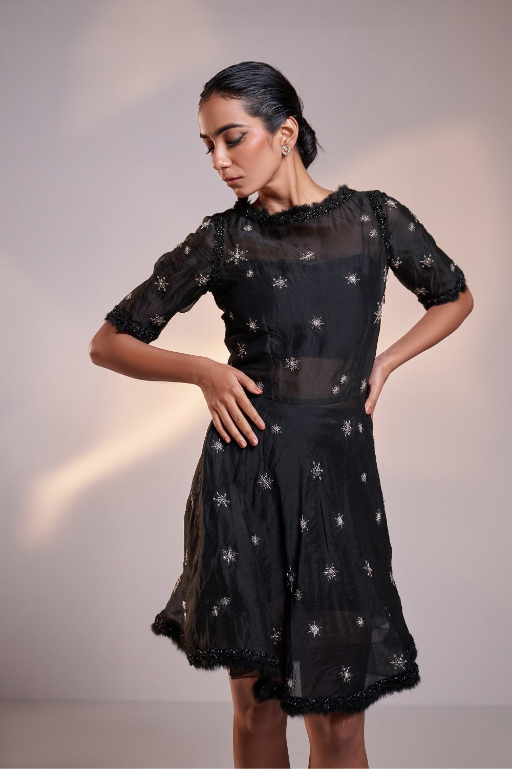 Embellished Silk Organza Sheer Black Mini Dress with Body Suit