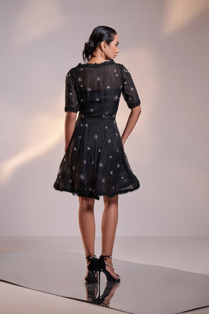 Embellished Silk Organza Sheer Black Mini Dress with Body Suit