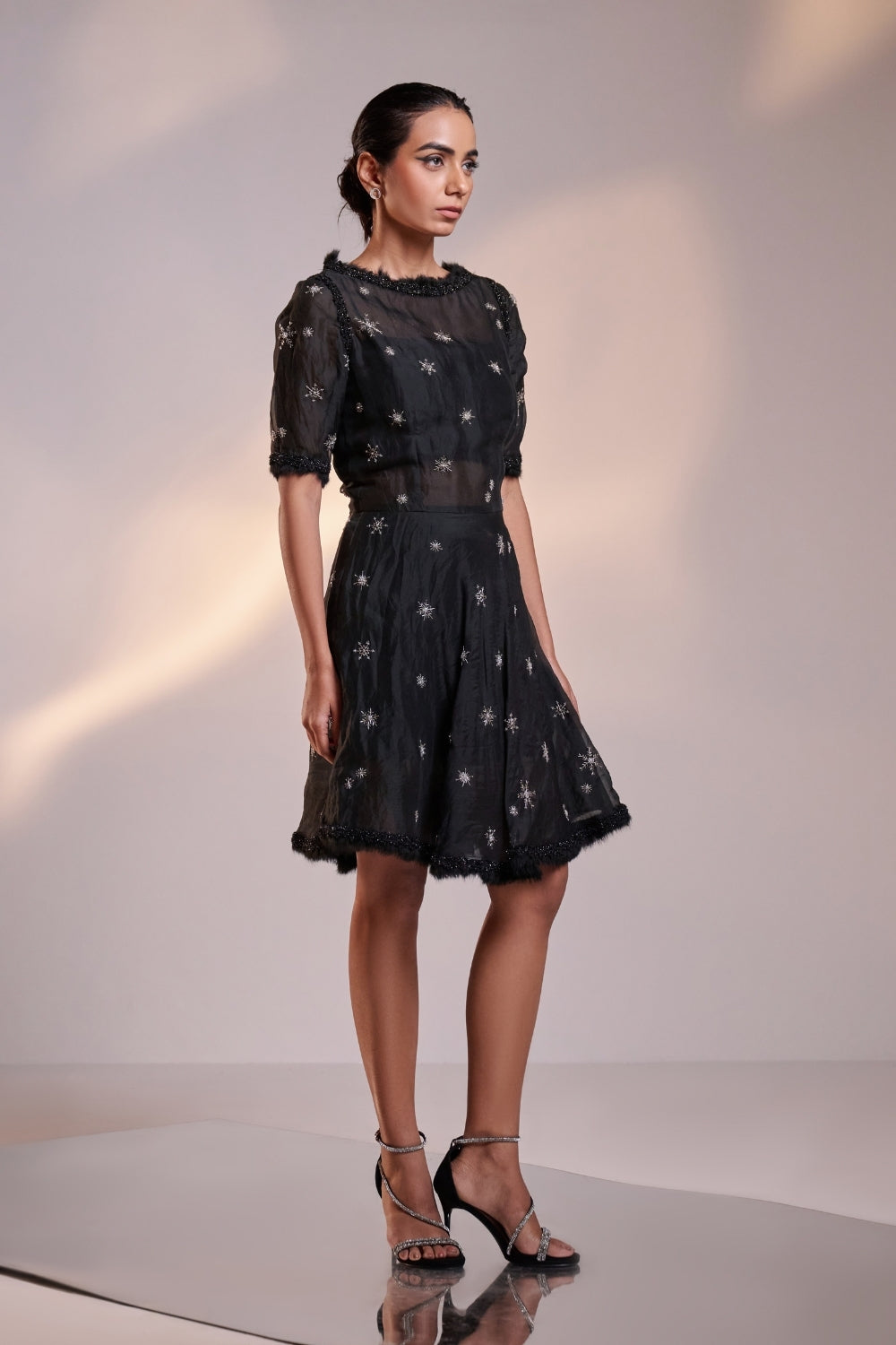 Embellished Silk Organza Sheer Black Mini Dress with Body Suit