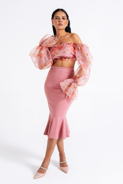 Pink Blush Organza Off-Shoulder Flounce Set