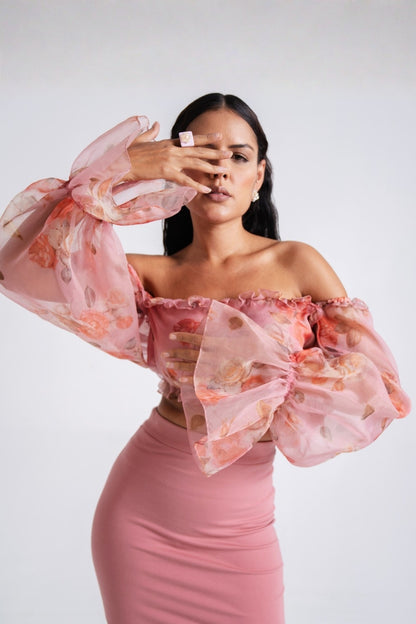 Pink Blush Organza Off-Shoulder Flounce Set