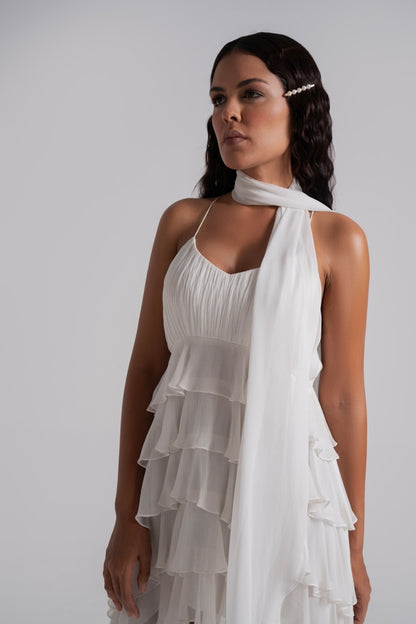 Sexy Asymmetric Spaghetti Strap White Tiered Dress