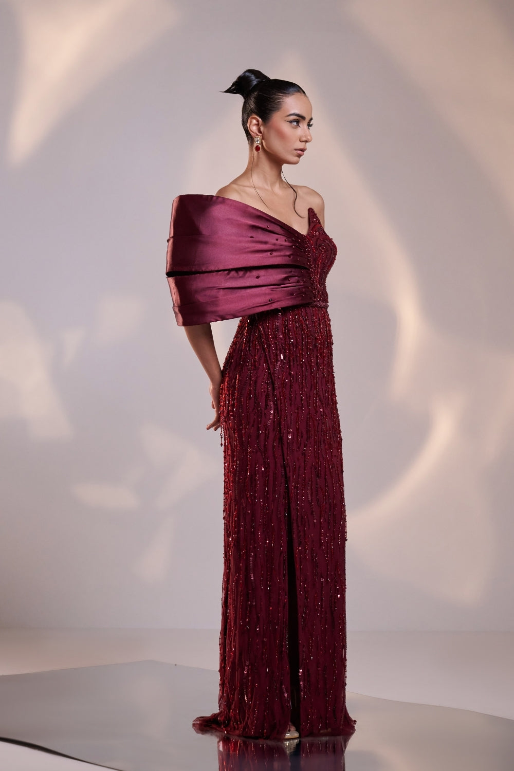 Crimson Radiance Sequined Off-Shoulder Gown
