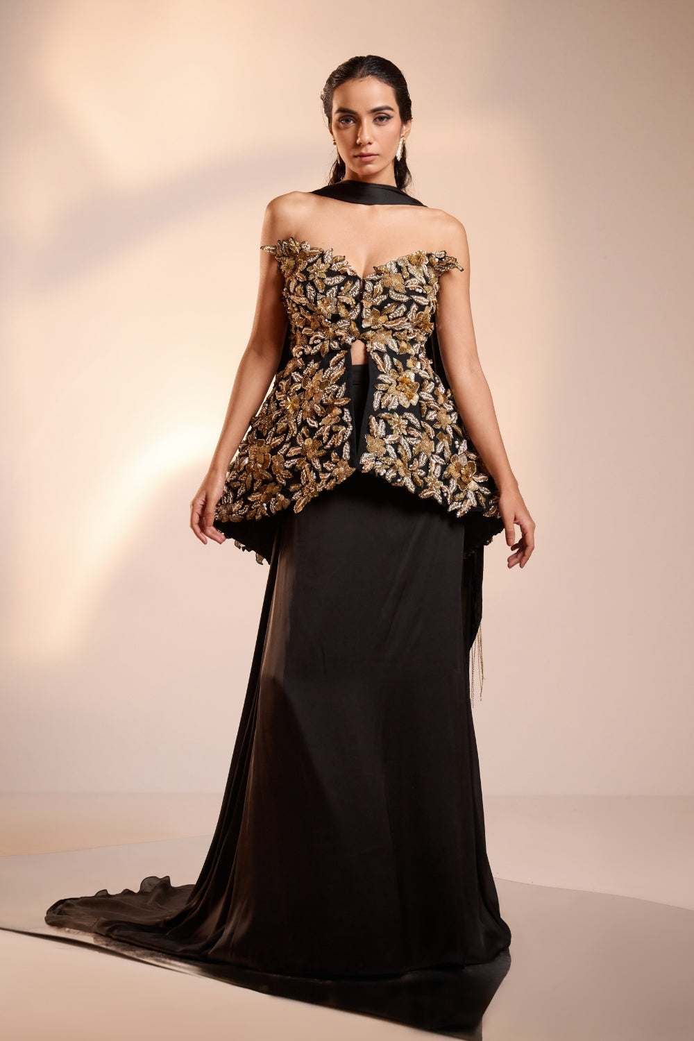 Gold Embellished Black Skirt-Top Set