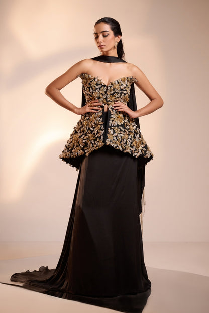 Gold Embellished Black Skirt-Top Set