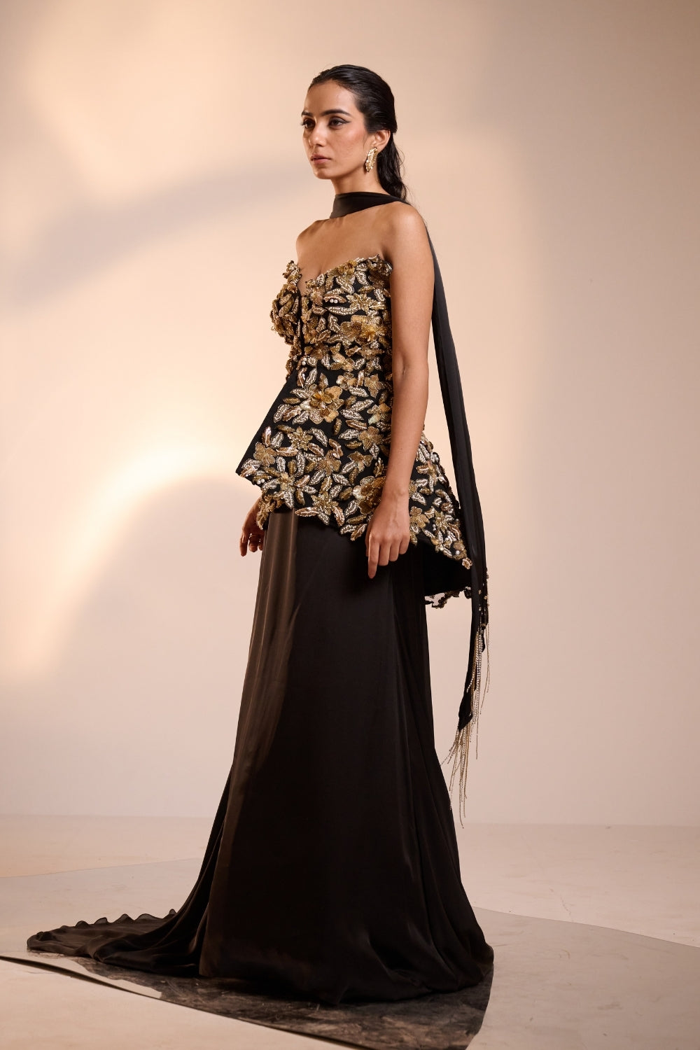 Gold Embellished Black Skirt-Top Set