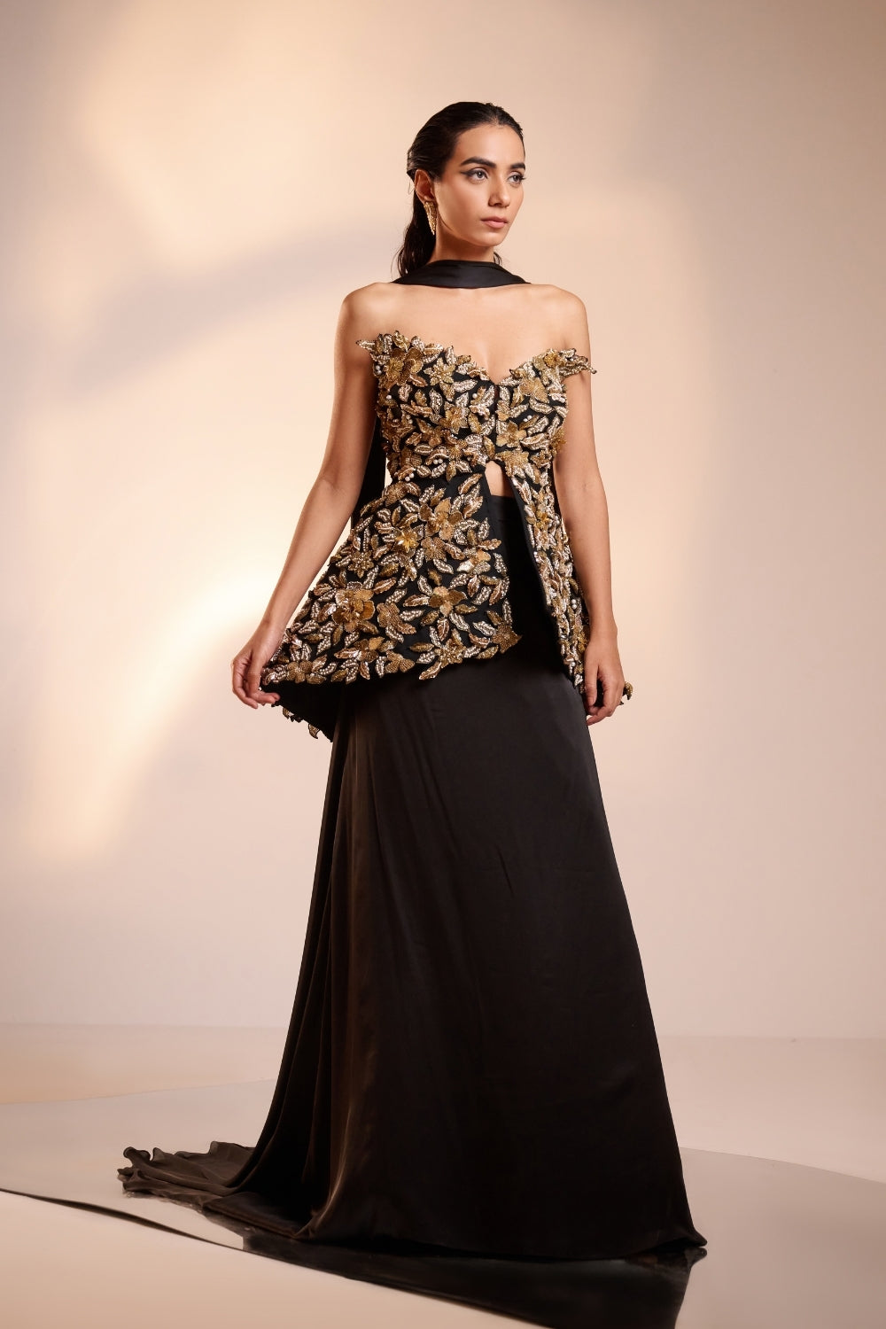 Gold Embellished Black Skirt-Top Set