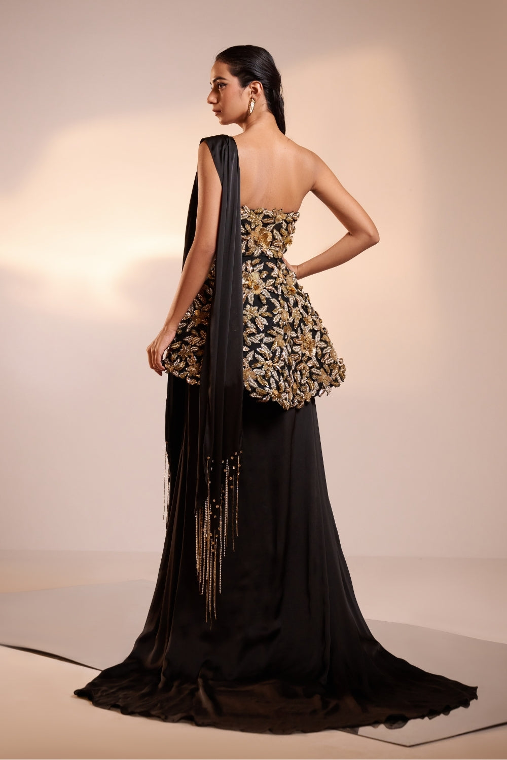 Gold Embellished Black Skirt-Top Set