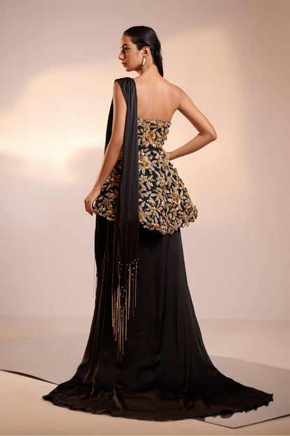 Gold Embellished Black Skirt-Top Set