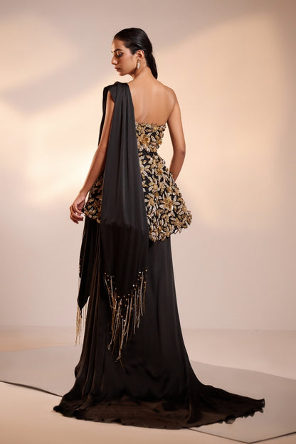 Gold Embellished Black Skirt-Top Set