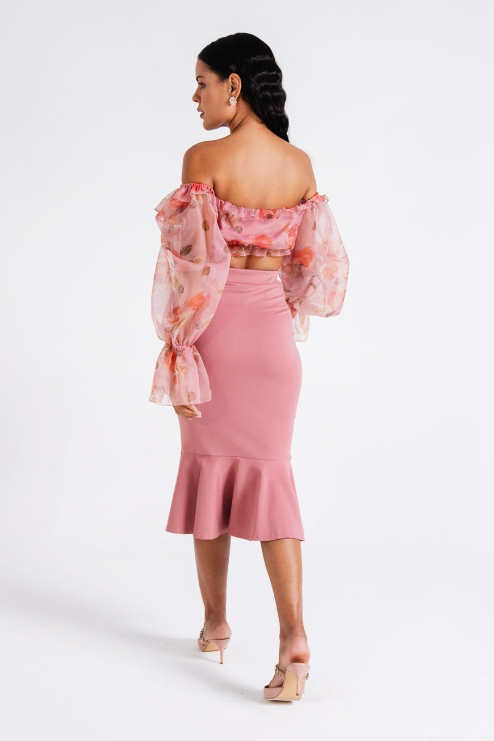 Pink Blush Organza Off-Shoulder Flounce Set