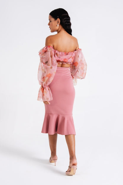 Pink Blush Organza Off-Shoulder Flounce Set