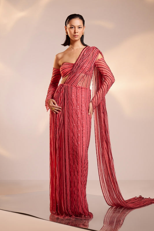 Fuchsia Pink Hand-Embellished Draped Saree Set