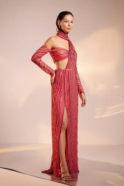 Fuchsia Pink Hand-Embellished Draped Saree Set