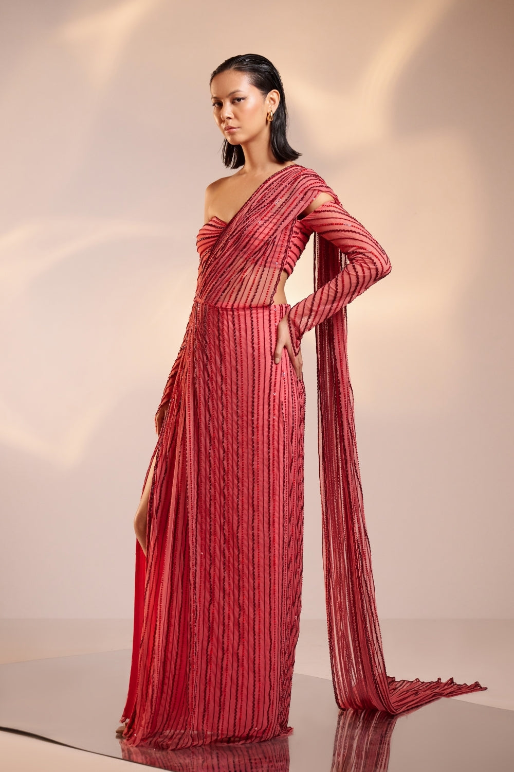 Fuchsia Pink Hand-Embellished Draped Saree Set