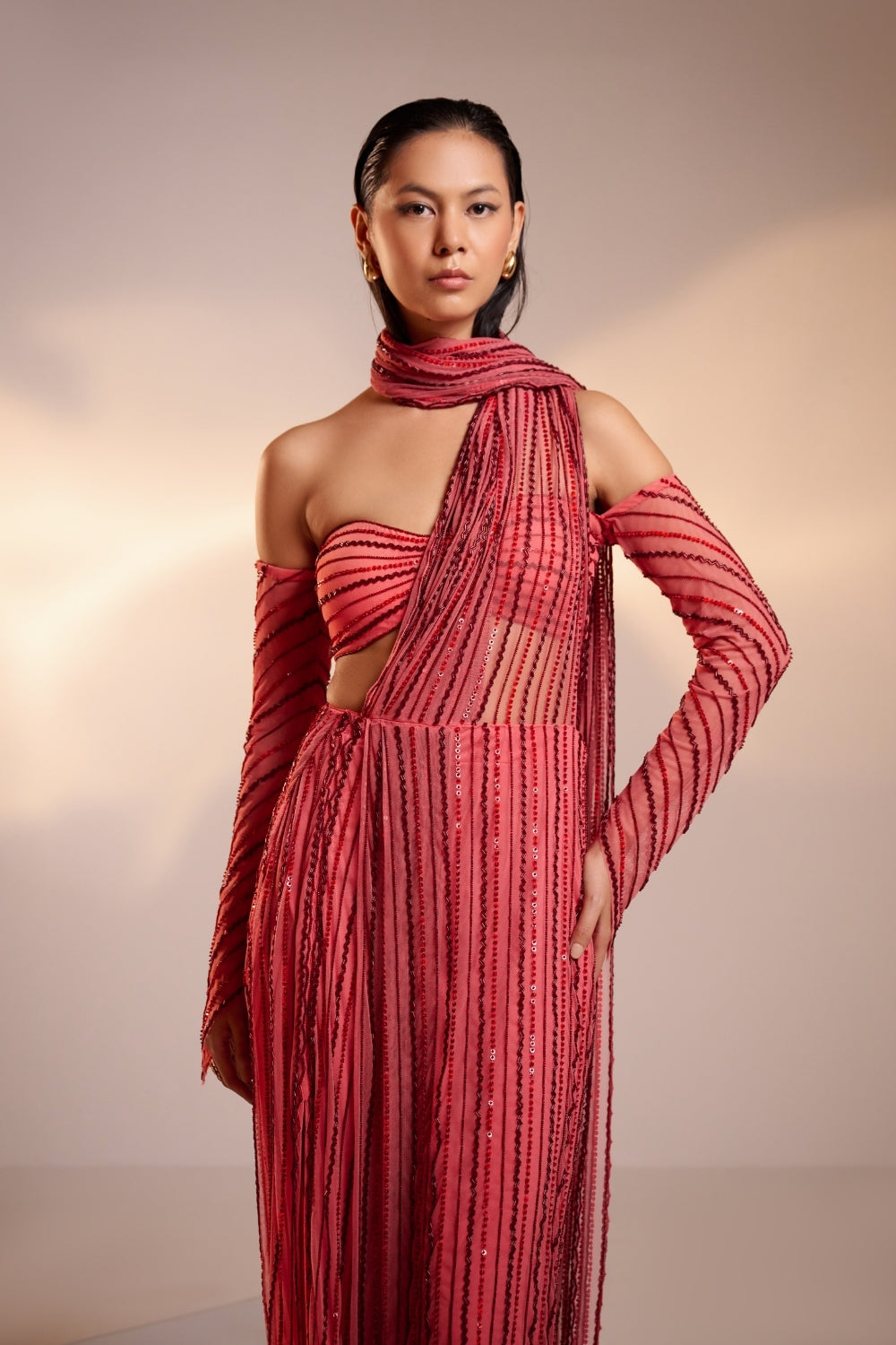 Fuchsia Pink Hand-Embellished Draped Saree Set