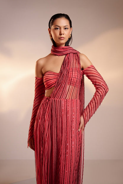 Fuchsia Pink Hand-Embellished Draped Saree Set