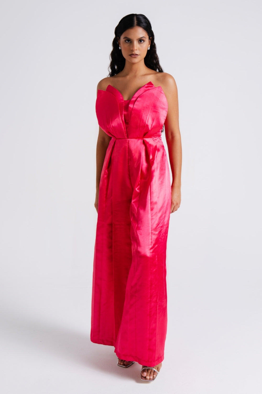 Hot Pink Satin Strapless Tulip Jumpsuit