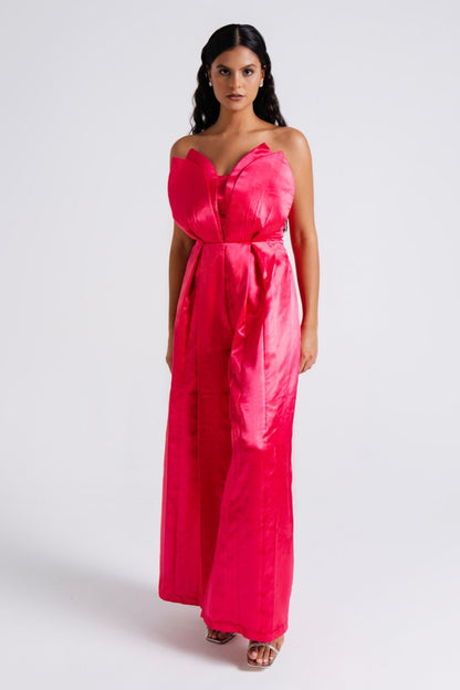 Hot Pink Satin Strapless Tulip Jumpsuit