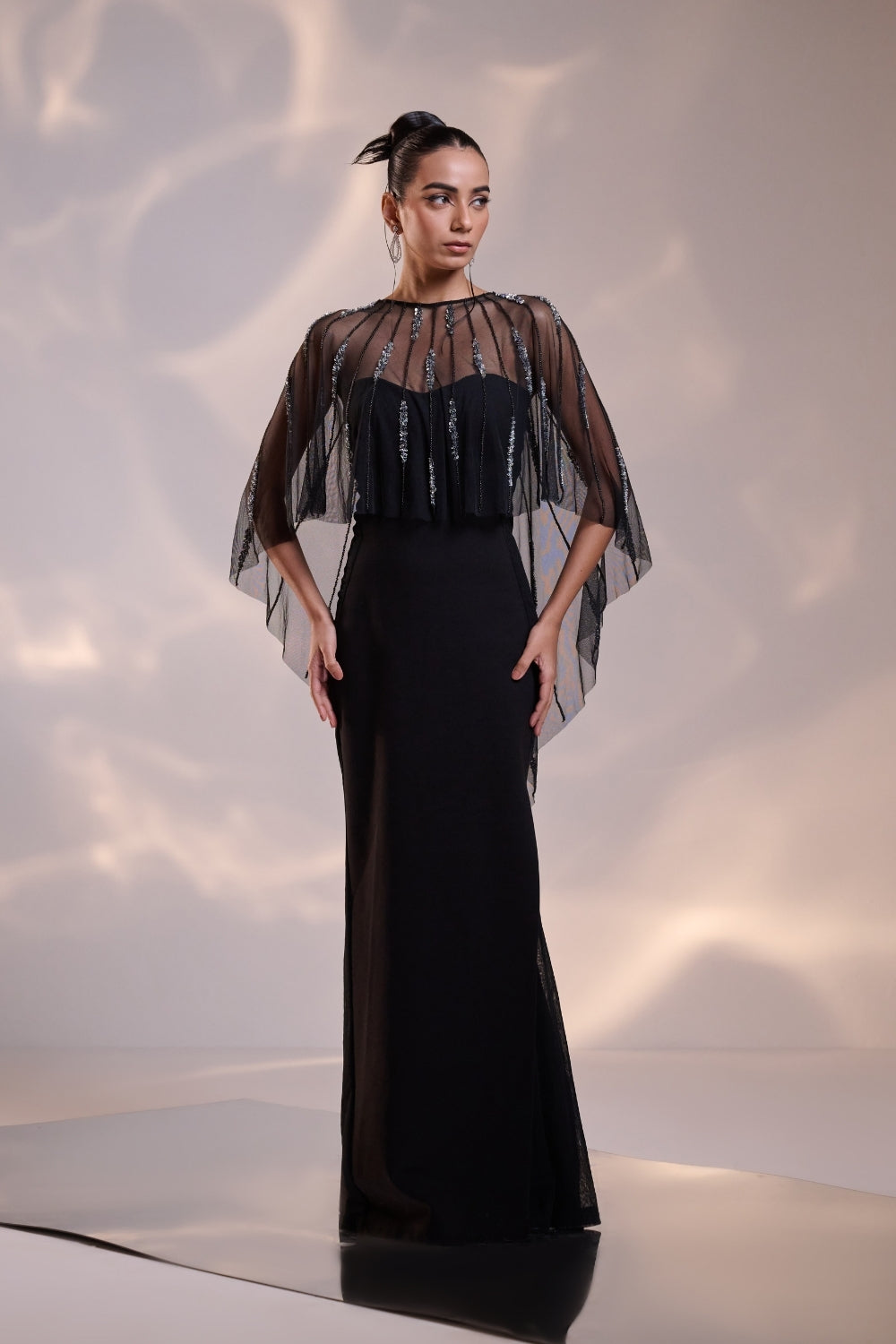 black dress with sheer cape /// Black Boat Neck Flowy Mini Dress With Sheer Cape Sleeves Elegant Evening Party Dress, Women's, Size: XL