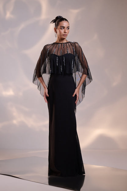 Midnight Sheer Cape Gown