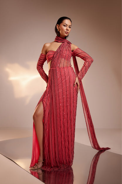 Fuchsia Pink Hand-Embellished Draped Saree Set