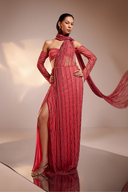 Fuchsia Pink Hand-Embellished Draped Saree Set