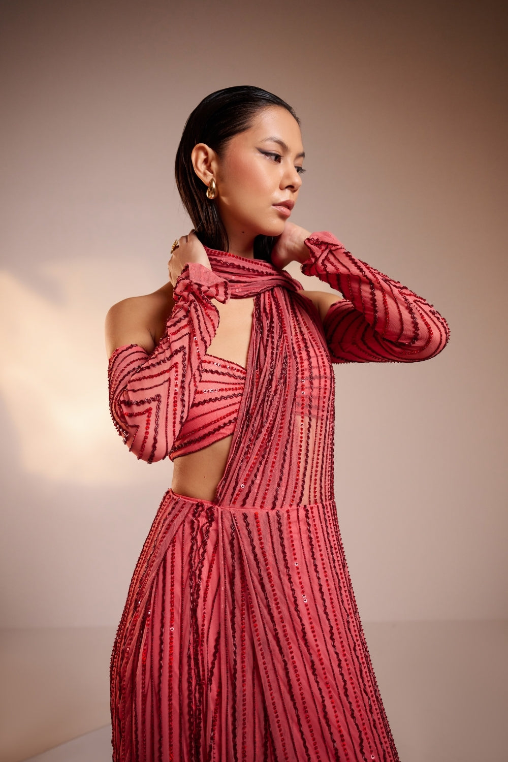 Fuchsia Pink Hand-Embellished Draped Saree Set