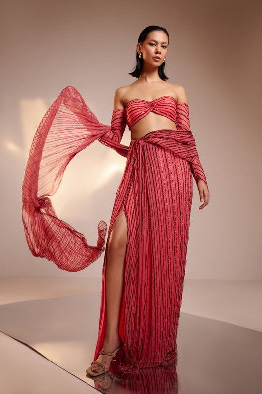 Fuchsia Pink Hand-Embellished Draped Saree Set