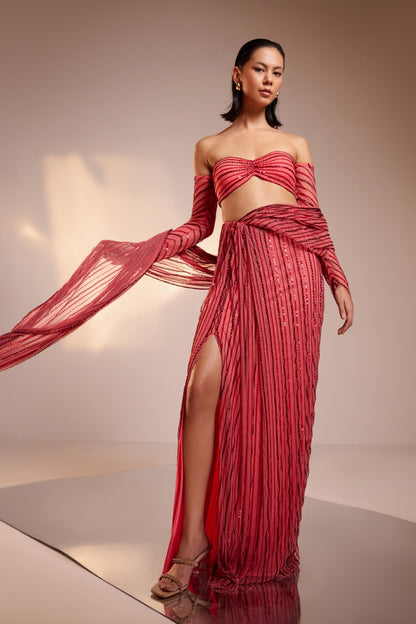 Fuchsia Pink Hand-Embellished Draped Saree Set