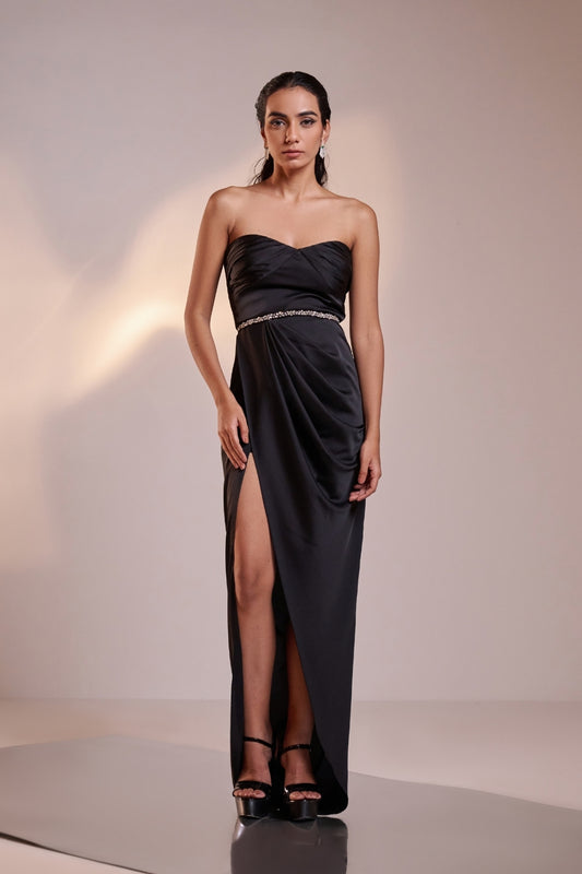Midnight Draped Strapless High-Slit Gown