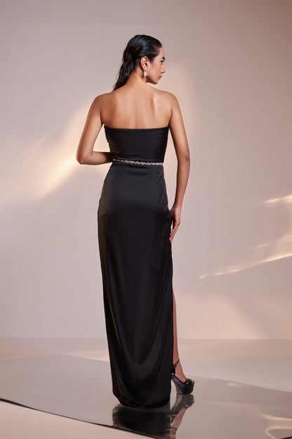 Midnight Draped Strapless High-Slit Gown