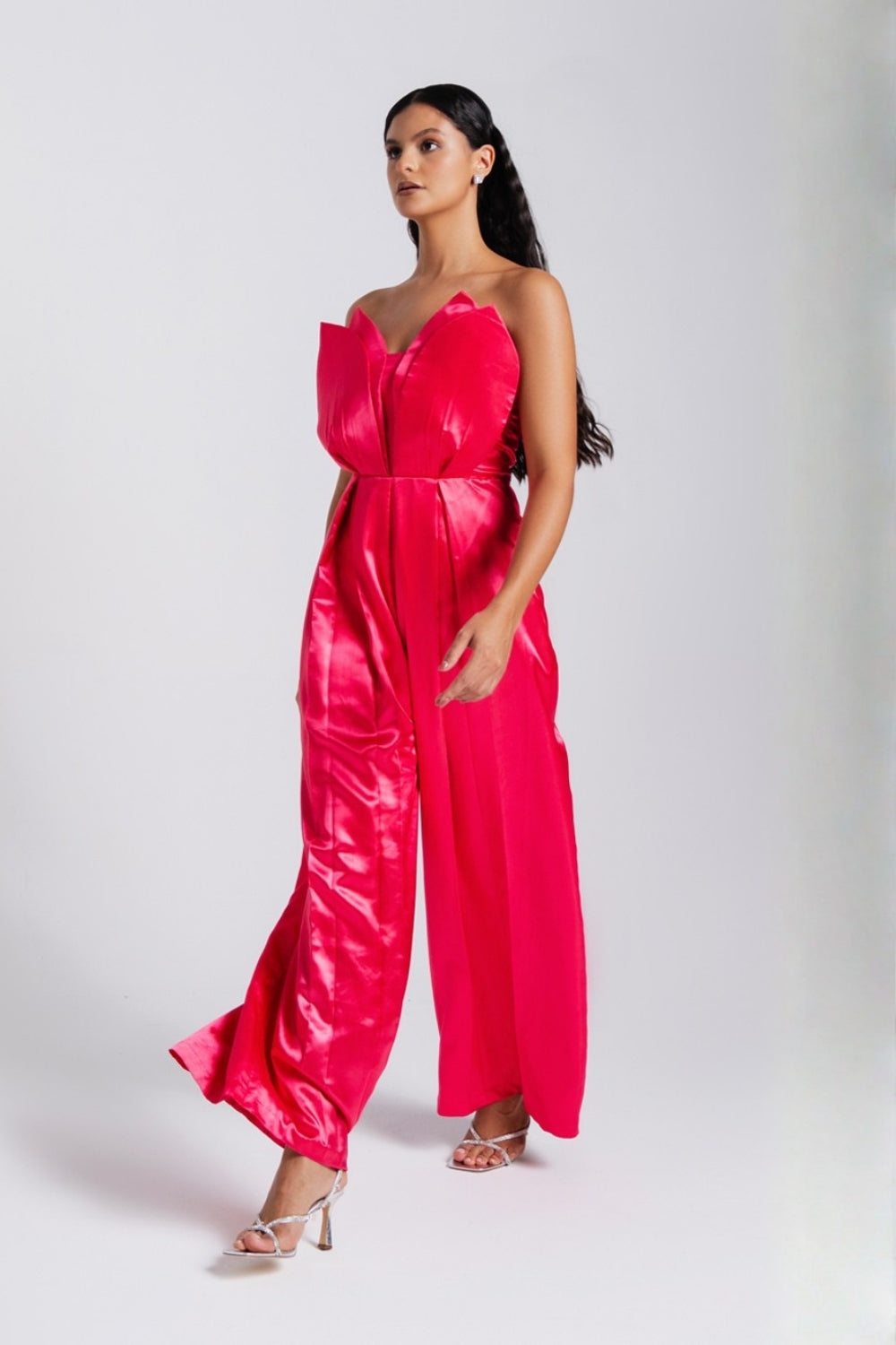 Hot Pink Satin Strapless Tulip Jumpsuit