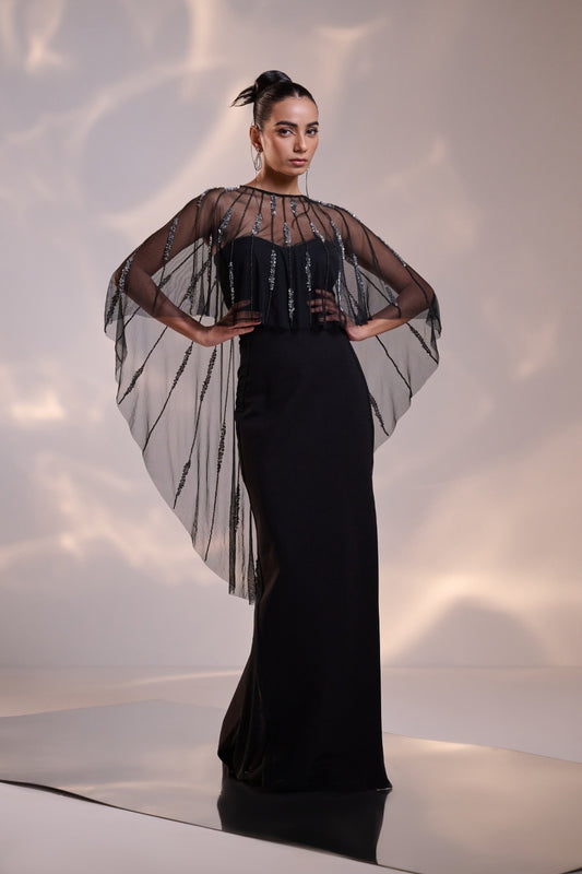 Midnight Sheer Cape Gown
