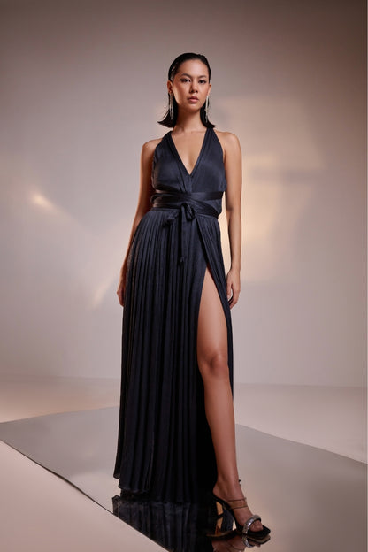 Dark Grey Backless Wrap Cocktail Gown With High Slits