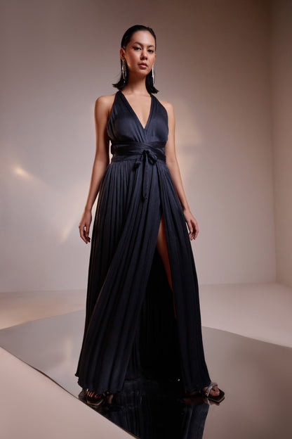 Dark Grey Backless Wrap Cocktail Gown With High Slits