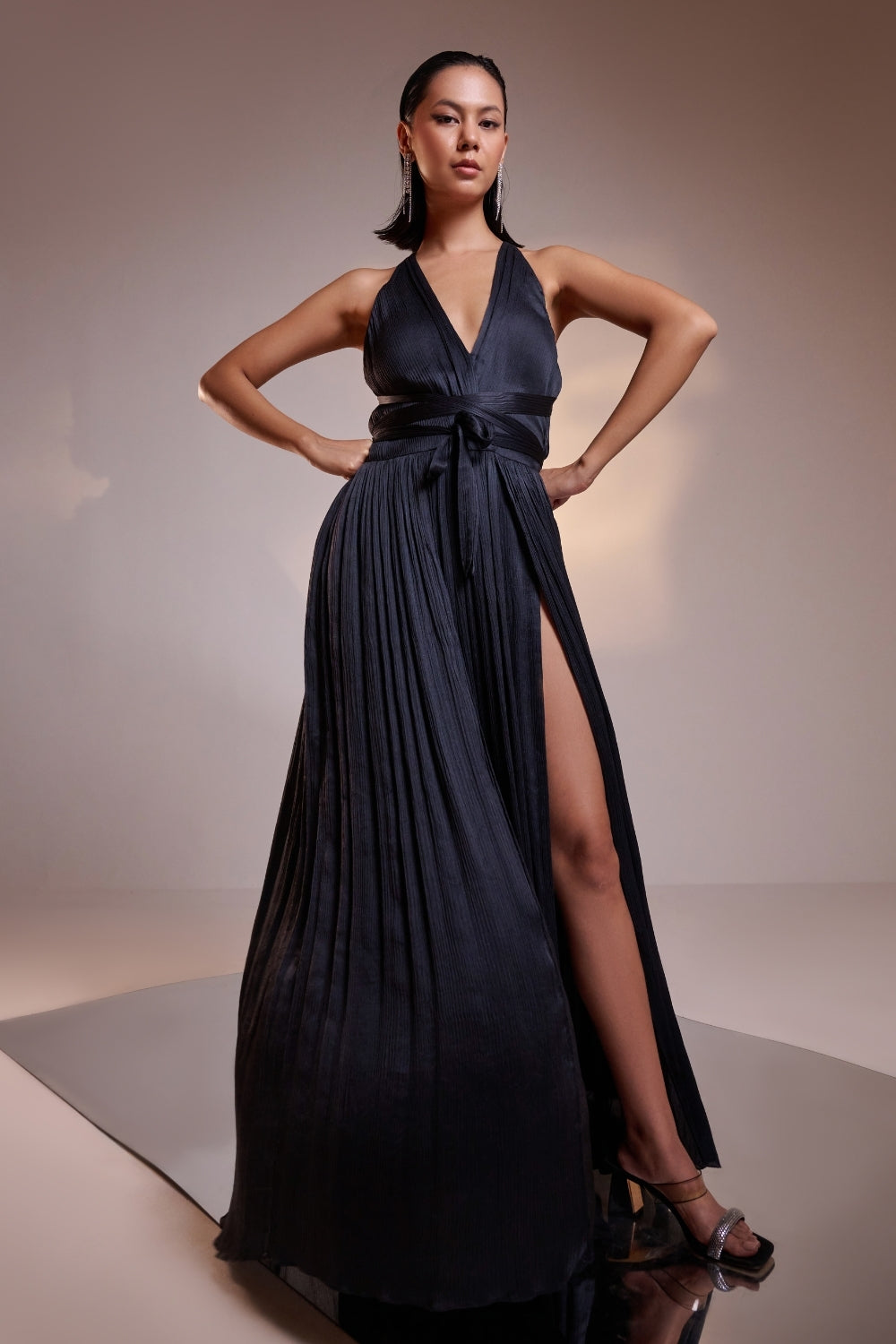 Dark Grey Backless Wrap Cocktail Gown With High Slits