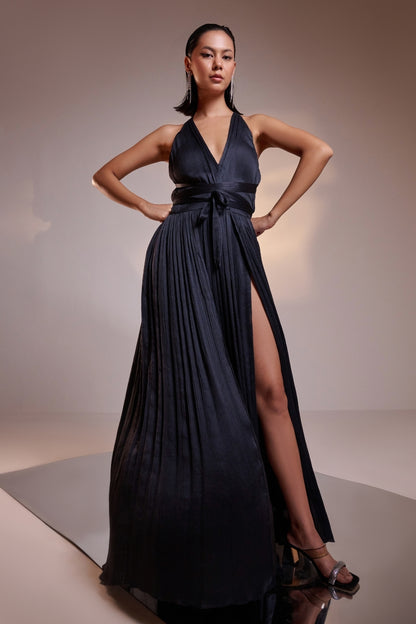 Dark Grey Backless Wrap Cocktail Gown With High Slits