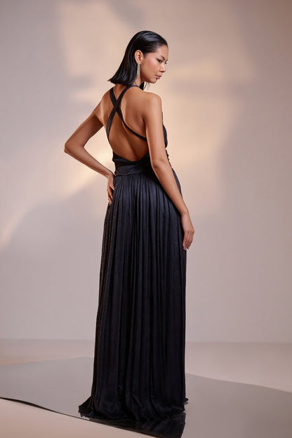 Dark Grey Backless Wrap Cocktail Gown With High Slits