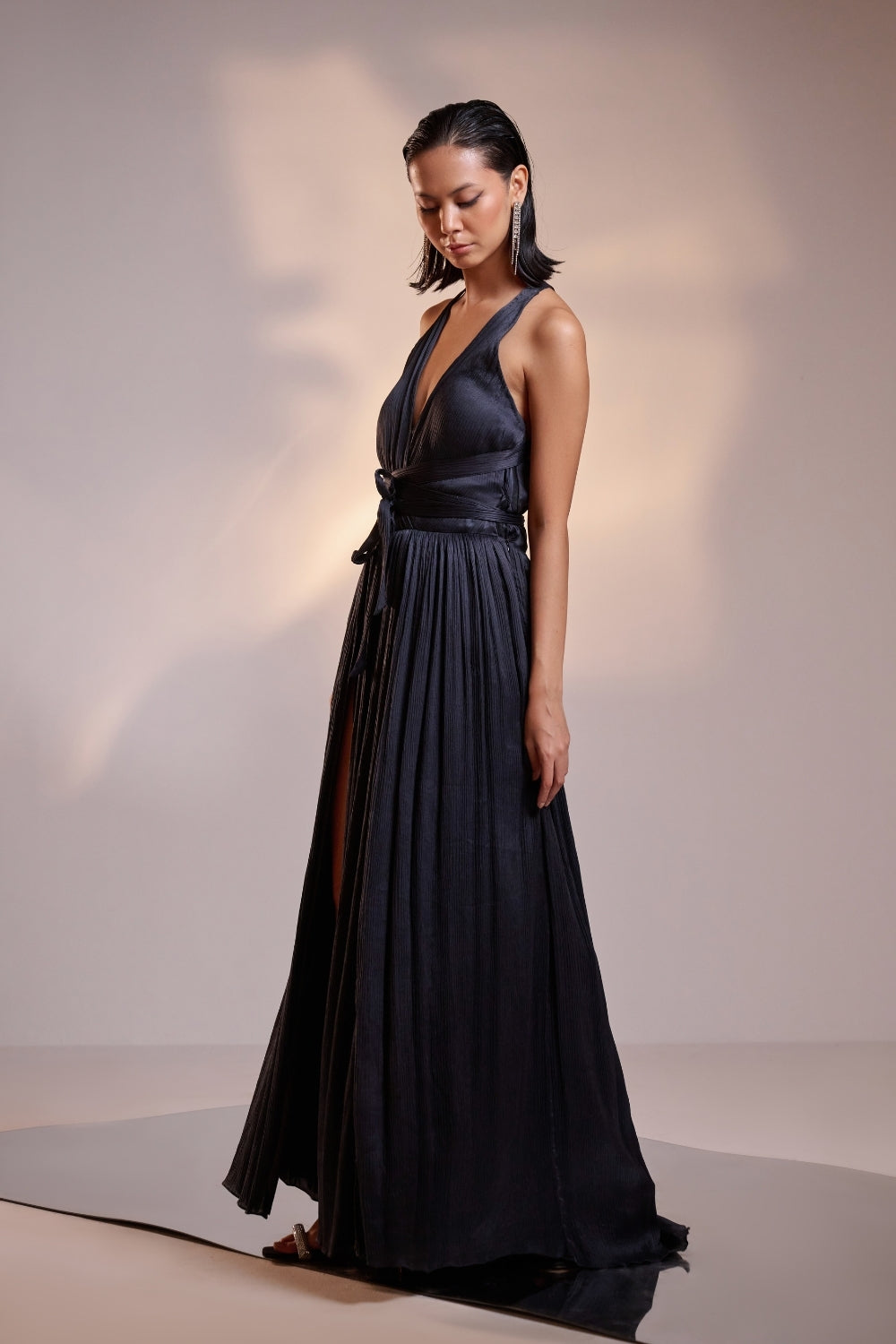 Dark Grey Backless Wrap Cocktail Gown With High Slits